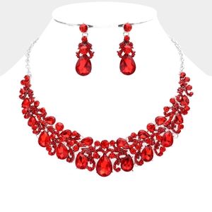 Red Crystal Teardrop Stone Accented Evening Statement Necklace Set